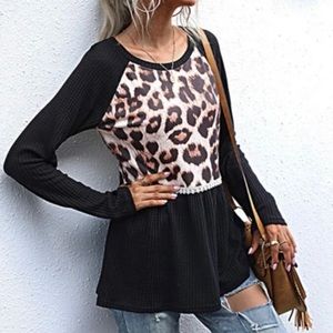 Leopard panel waffle knit shirt